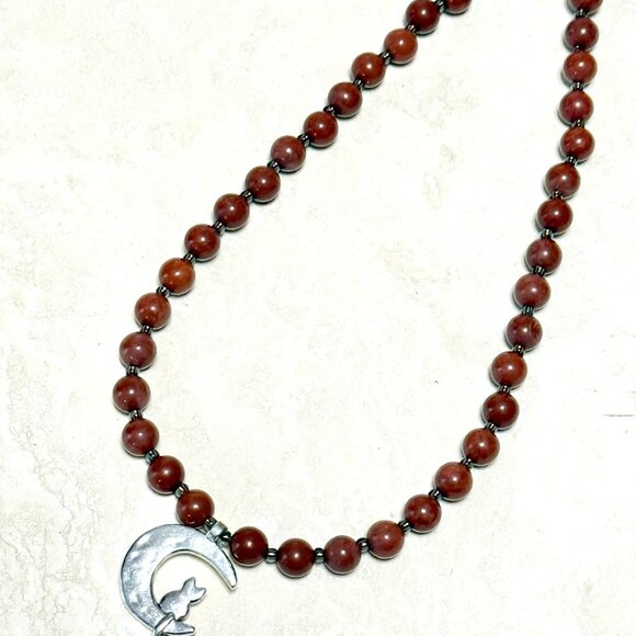 Genuine Red Jasper Short Necklace, Gemstone & Silver Cat on the Moon Charm - Picture 7 of 13